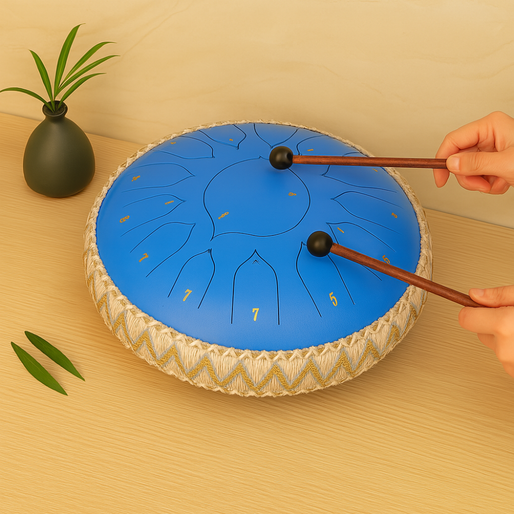 Steel Tongue Drum – tuned notes, compact steel body, five colours