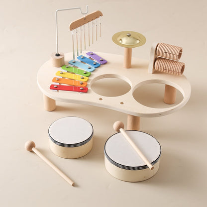 Wooden Music Table – two drums, xylophone, chimes and cymbal