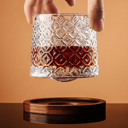 Rotating Whisky Glass – spinning rounded base, cut-glass pattern, four styles