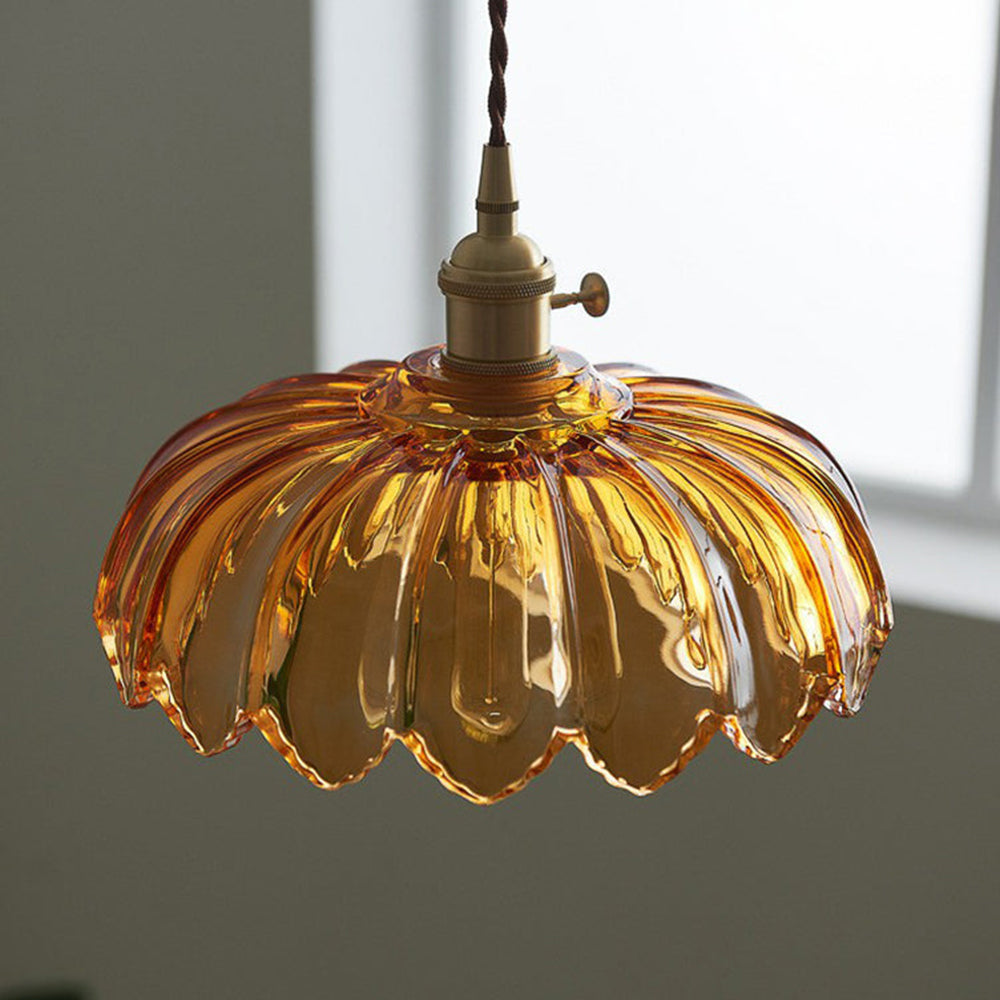 Flower Glass Pendant Light – scalloped shade, brass-tone fitting, four colours