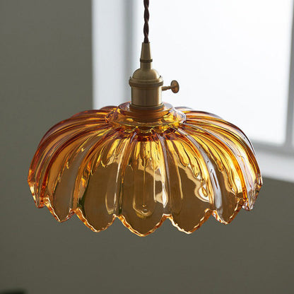 Flower Glass Pendant Light – scalloped shade, brass-tone fitting, four colours