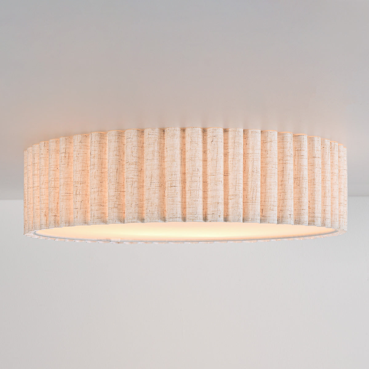 Fluted Linen Ceiling Light – ribbed fabric shade, diffuser, two bulbs
