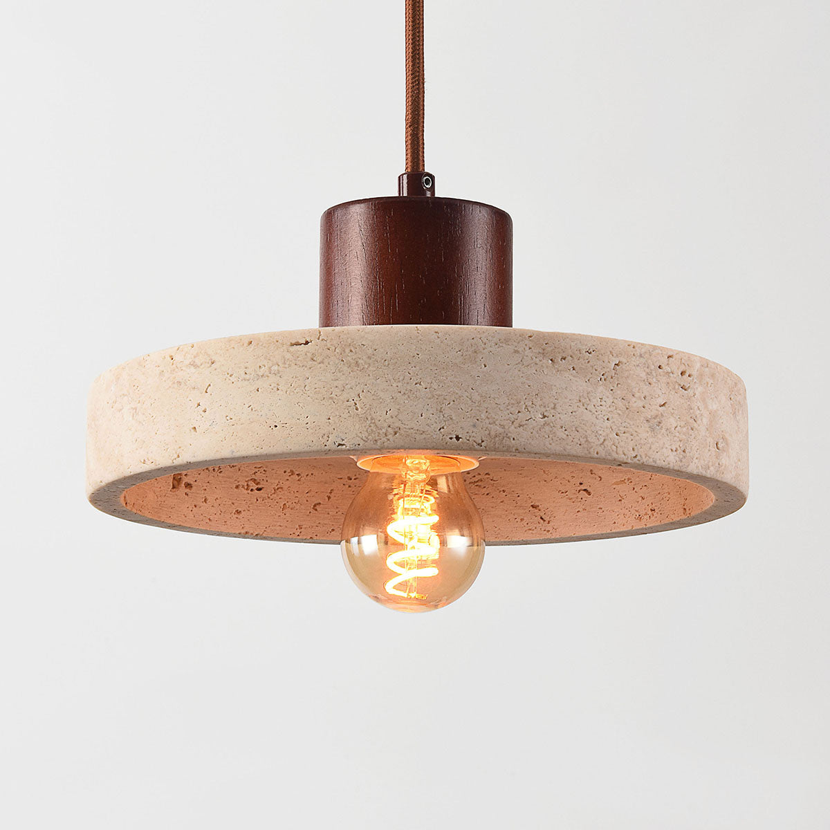 Travertine Pendant Light – natural stone shade, dark wood cap, adjustable cord