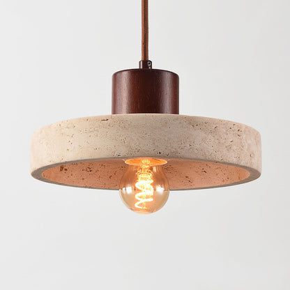 Travertine Pendant Light – natural stone shade, dark wood cap, adjustable cord