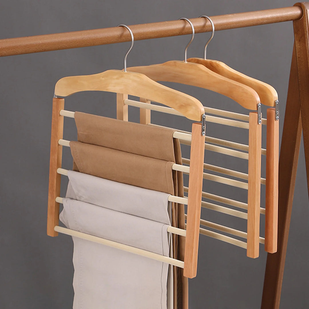 Wooden Pants Hanger – multi-bar, hinged frame, chrome hook