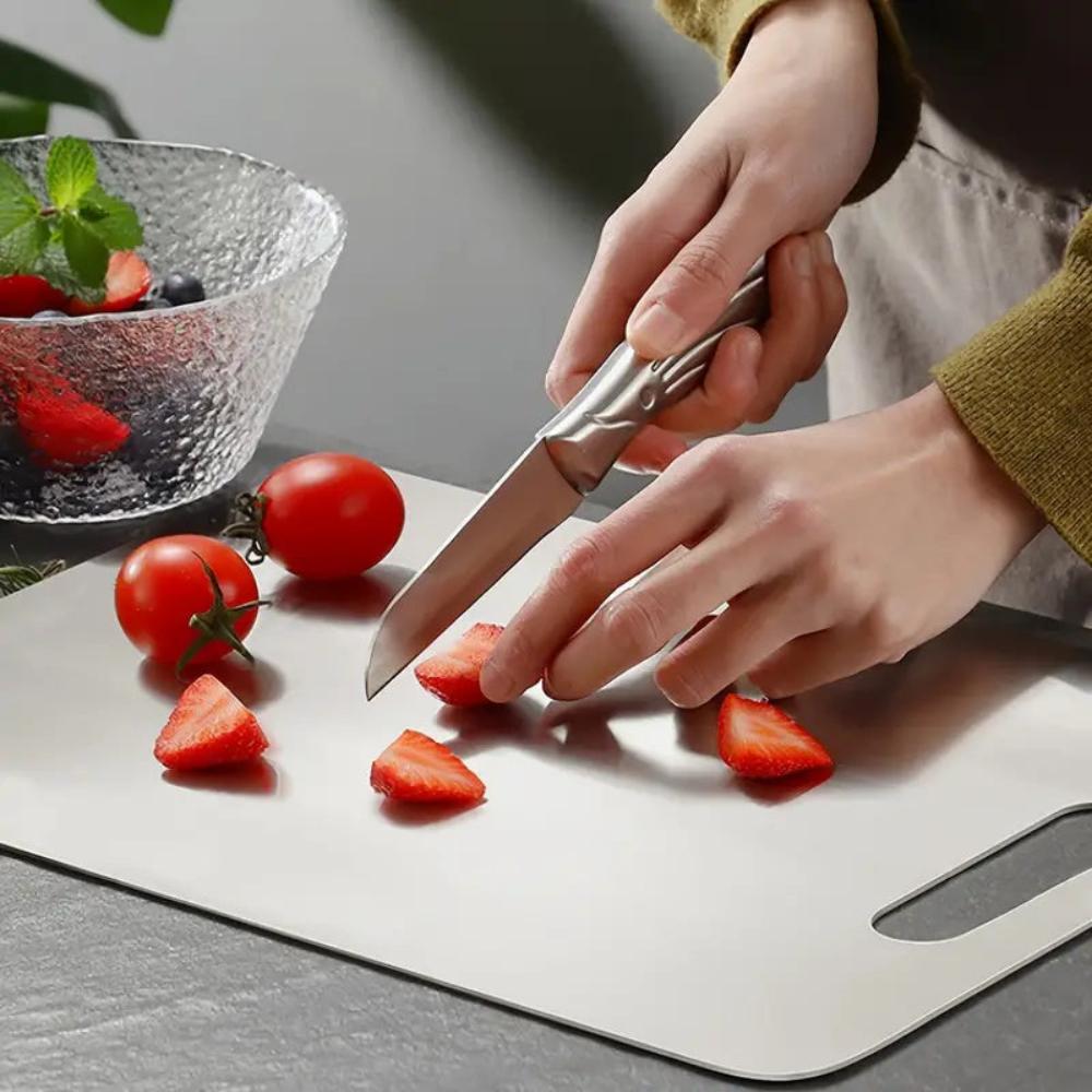 Stainless Steel Chopping Board – non-porous surface, hanging slot, knife friendly