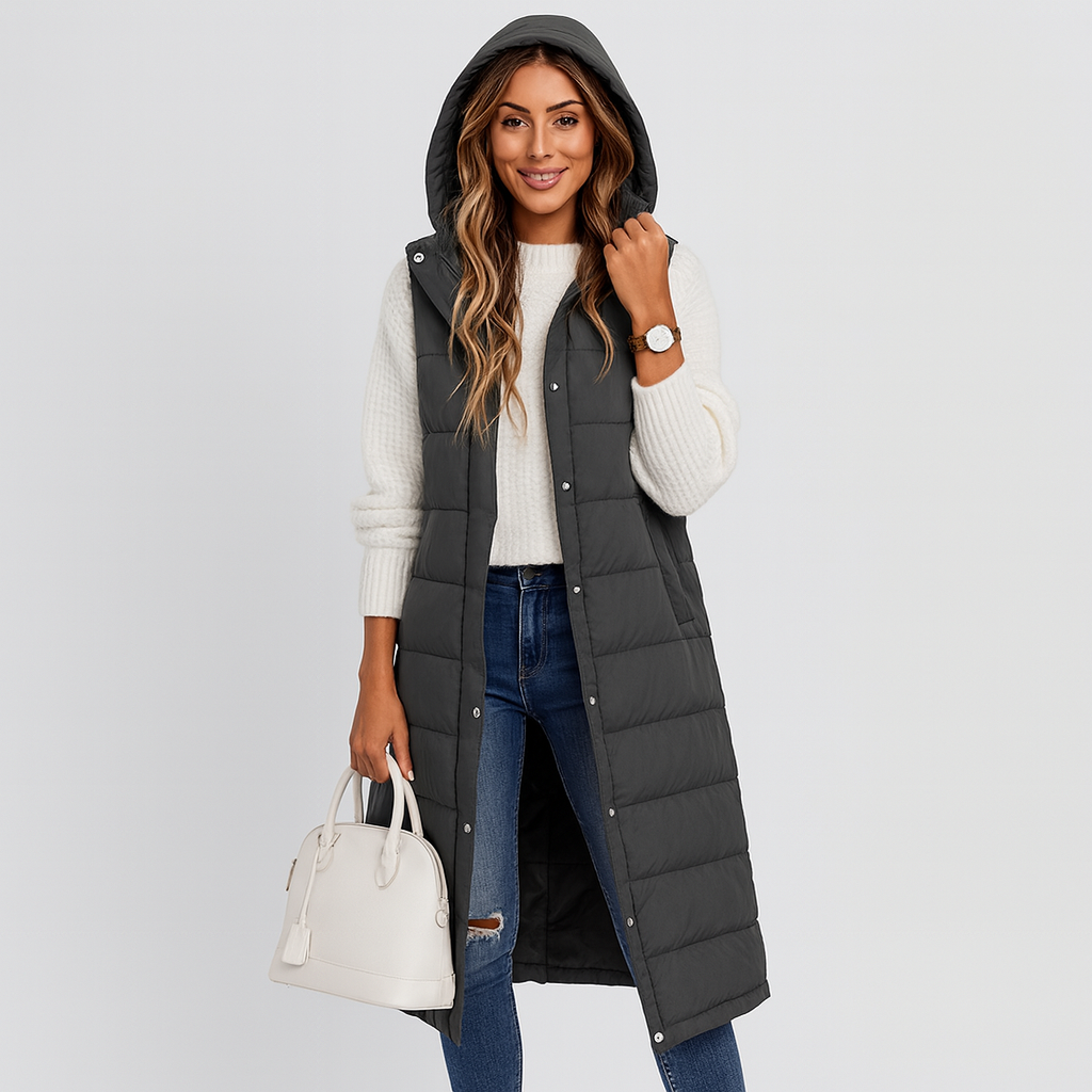 Women's Long Puffer Vest – hooded, quilted, button front
