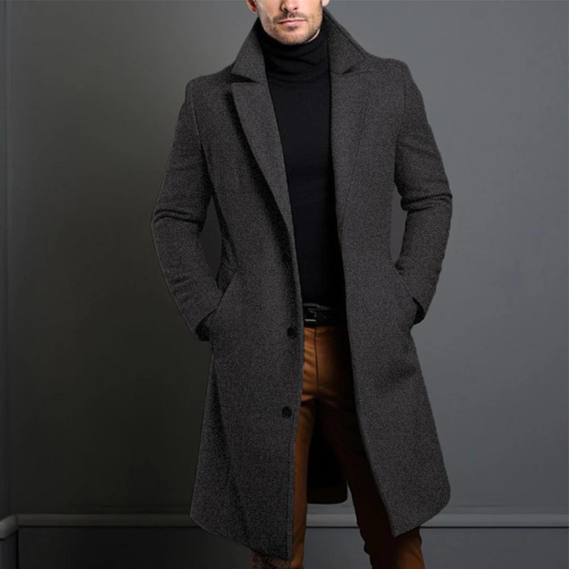 Men's Wool Overcoat – single-breasted, notch lapels, longline cut