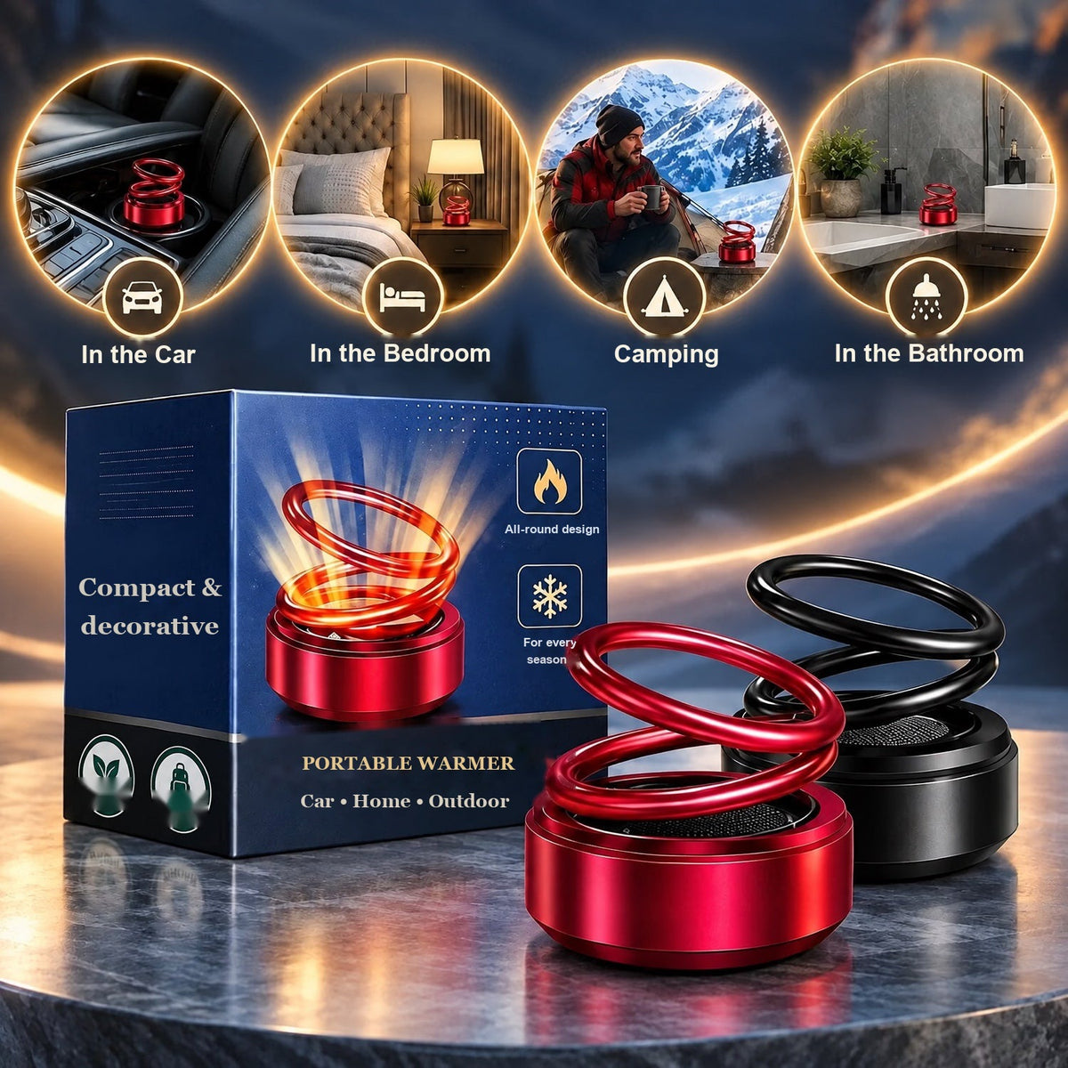 Portable Car Heater – solar powered, rotating double rings, no cable