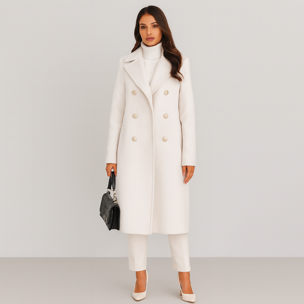 Double-Breasted Tailored Coat – gold-tone buttons, notch lapels, lined