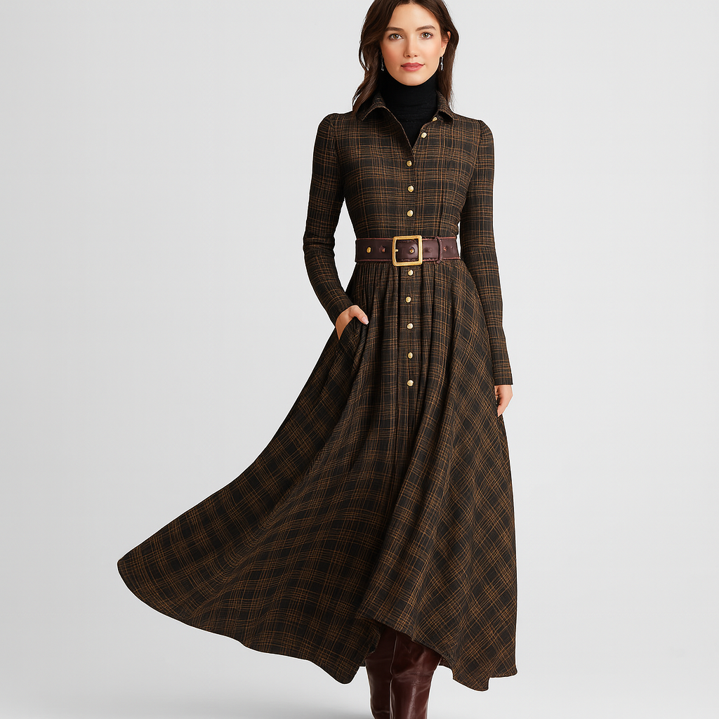 Plaid Shirt Dress – long sleeves, button front, flowing maxi skirt