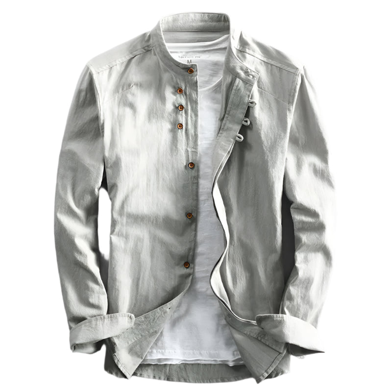 Band Collar Shirt – Japanese-inspired cut, long sleeves, relaxed fit