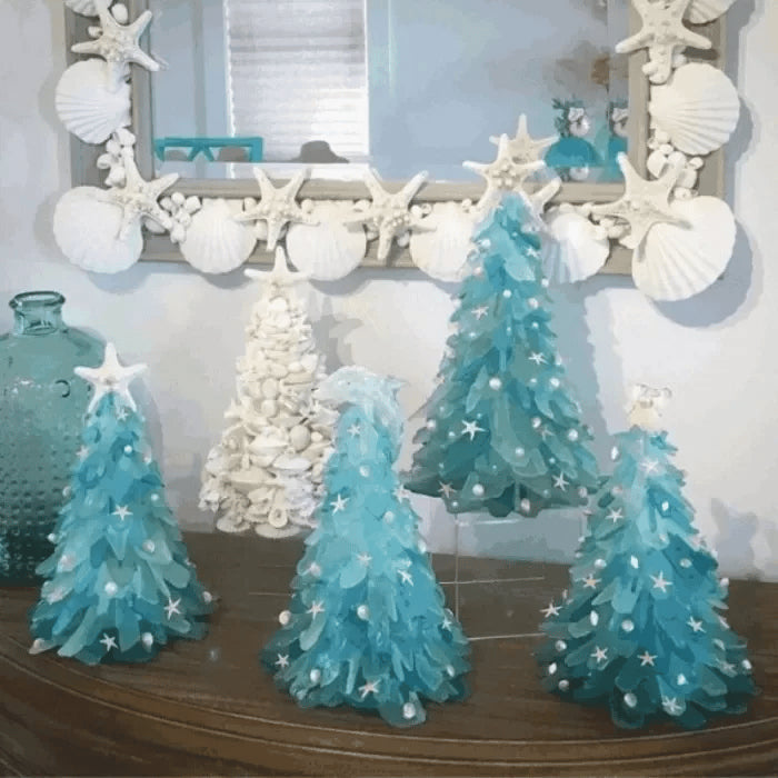 Sea Glass Christmas Tree – handmade, coastal blues and greens, starfish topper