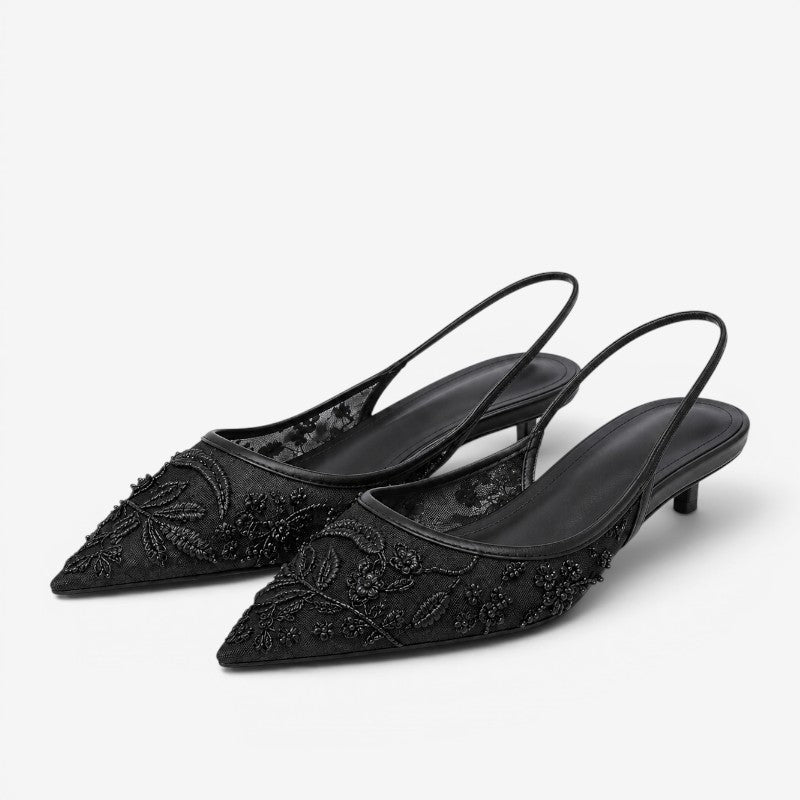 Slingback Kitten Heels – floral embroidery, sheer mesh, pointed toe