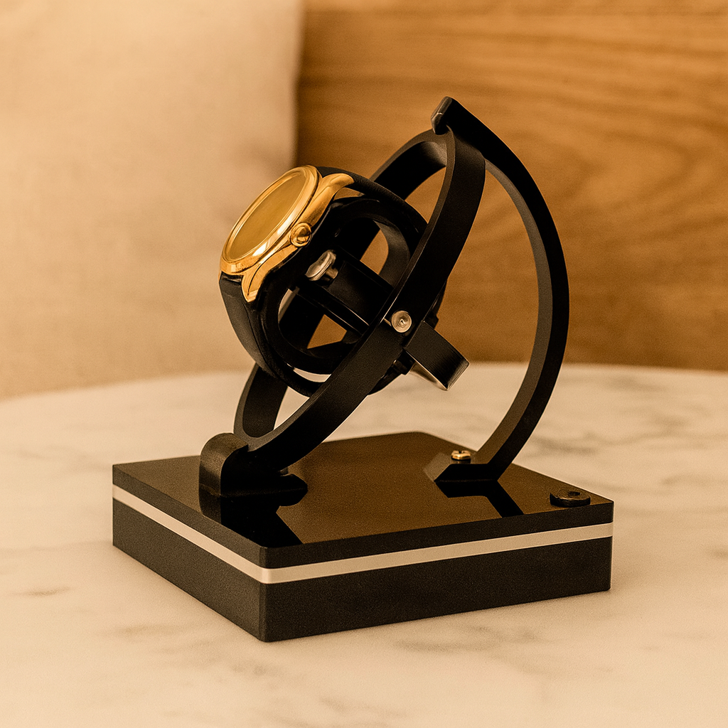 Watch Winder – rotating gyroscope frame, single watch, gloss black base