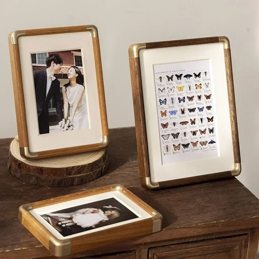 Wooden Photo Frame – brass-tone corners, tabletop stand, six sizes