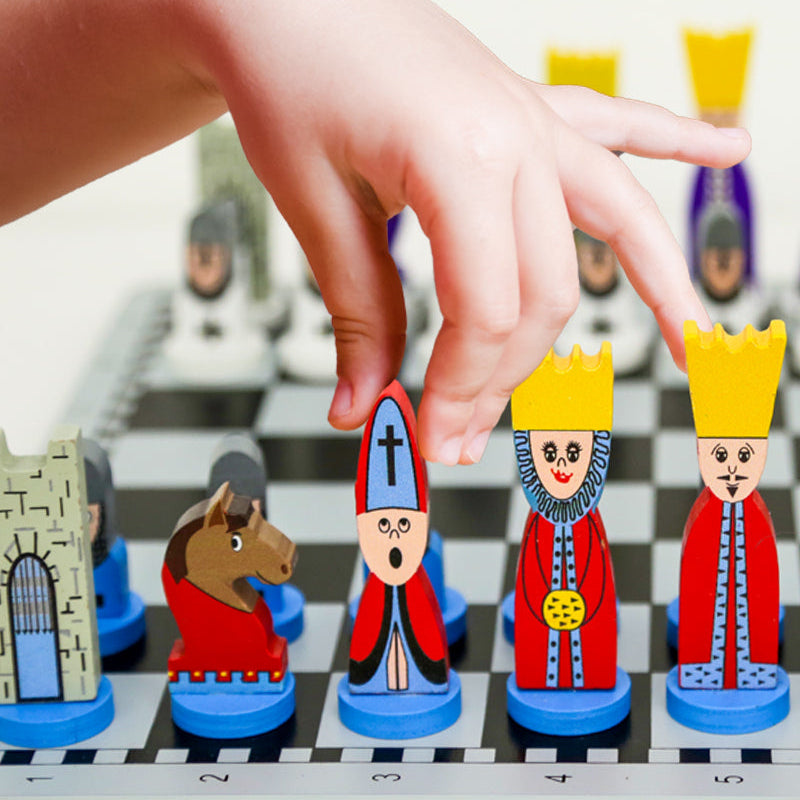 Kids Chess Set – character pieces, colour-coded board, two colourways
