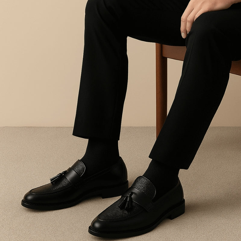 Mens Tassel Loafers – woven vamp, slip-on fit, rubber sole