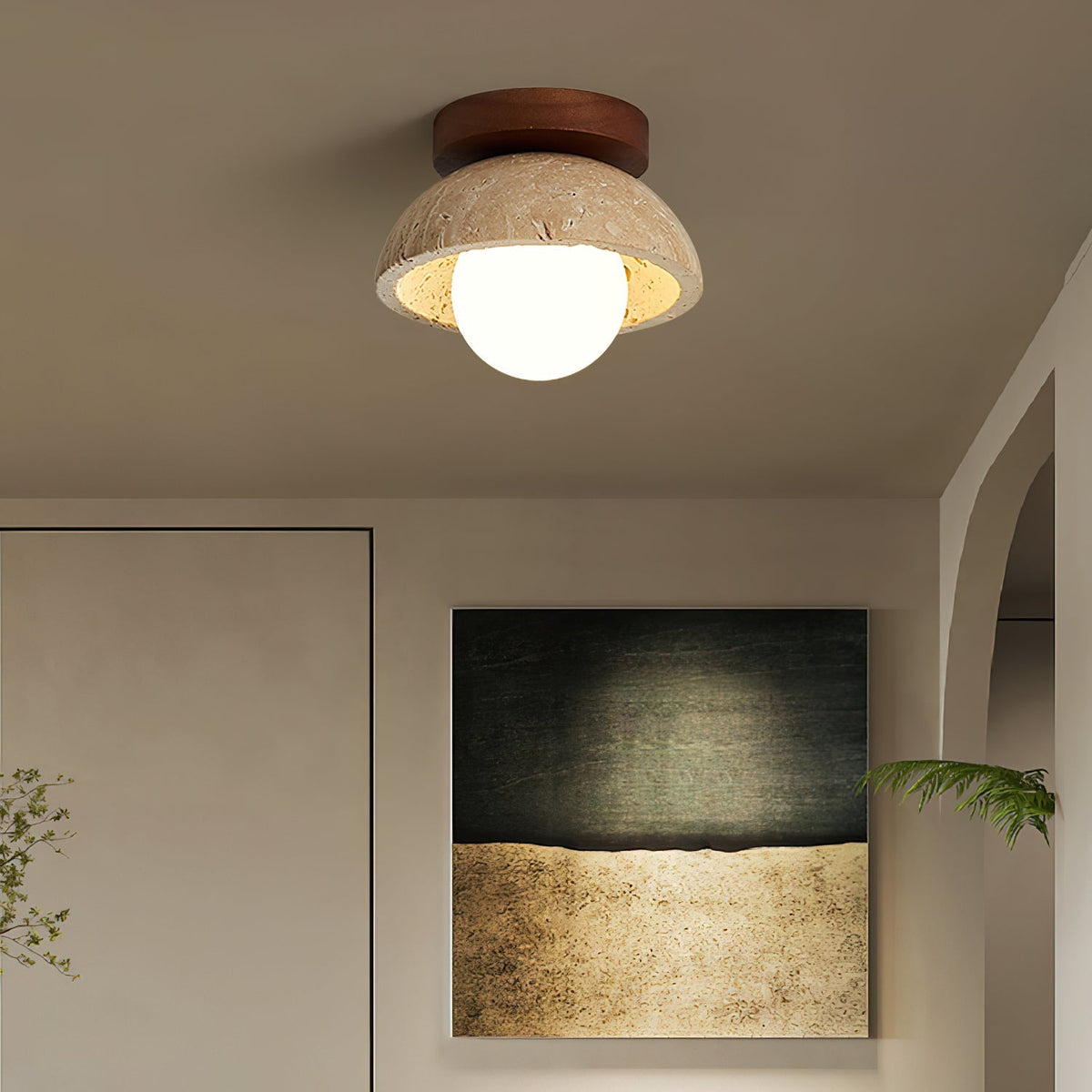 Compact Ceiling Light – walnut and beige, dimmable, wall or ceiling