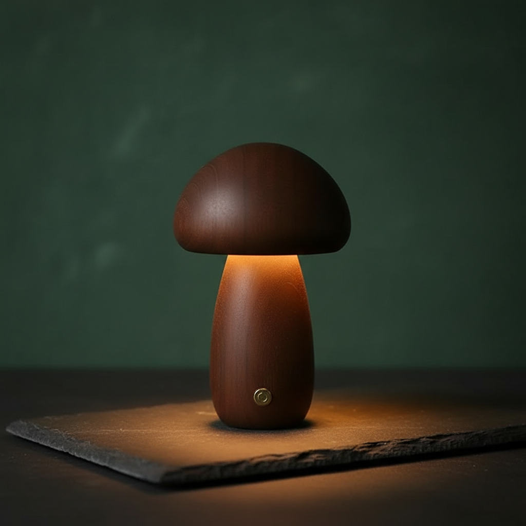 Wooden Mushroom Night Light – solid timber, touch dimmable, USB rechargeable