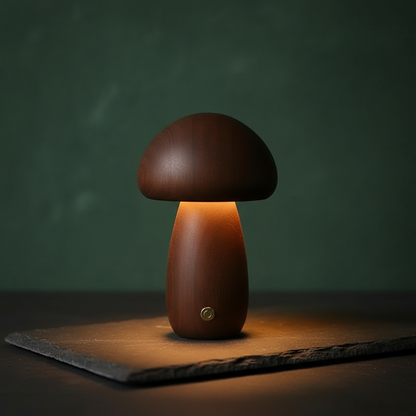 Wooden Mushroom Night Light – solid timber, touch dimmable, USB rechargeable