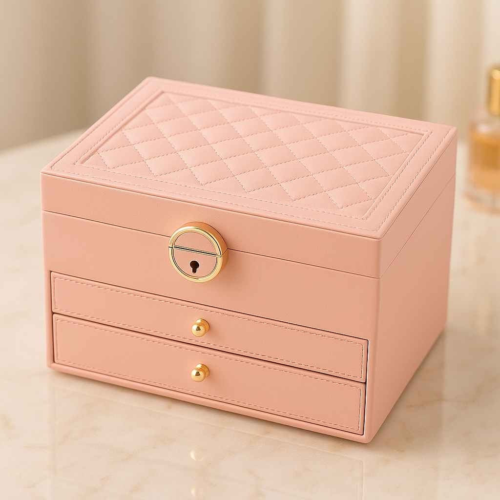 Jewellery Box – three tiers, pull-out drawers, lined compartments
