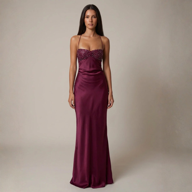 Satin Maxi Dress – spaghetti straps, lace-up open back, sequin bust