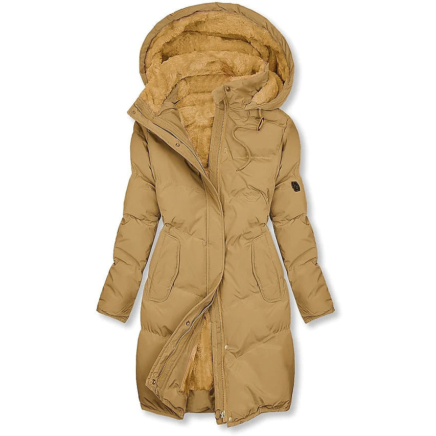 Longline Puffer Jacket – plush-lined hood, drawstring waist, flap pockets