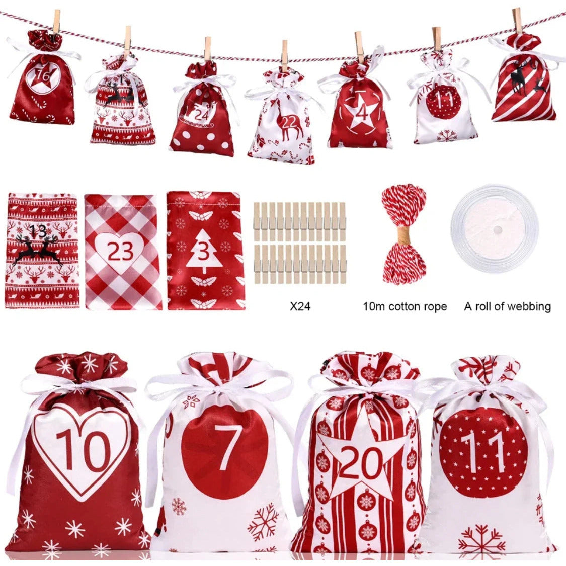 Fabric Advent Calendar – 24 numbered drawstring bags, reusable, cord and pegs included