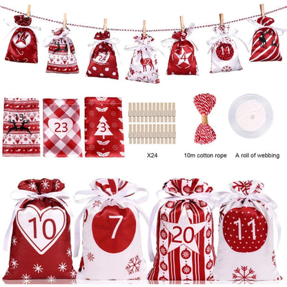 Fabric Advent Calendar – 24 numbered drawstring bags, reusable, cord and pegs included