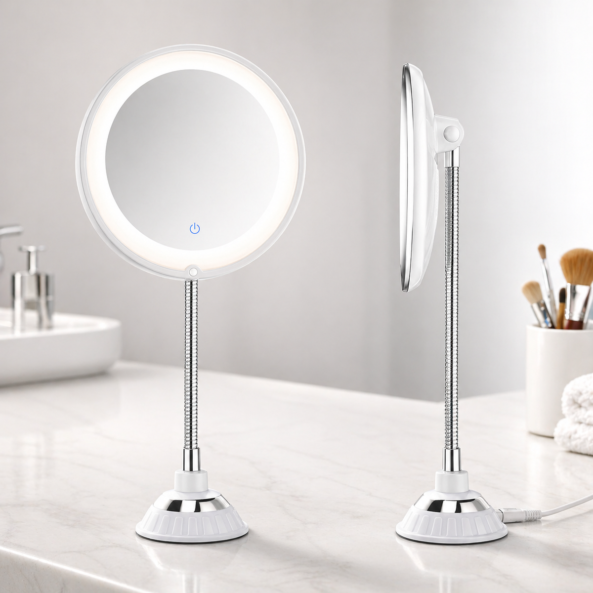 LED Magnifying Mirror – 10× magnification, flexible arm, suction mount