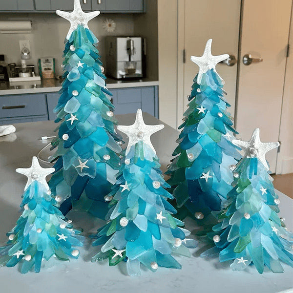 Sea Glass Christmas Tree – handmade, coastal blues and greens, starfish topper