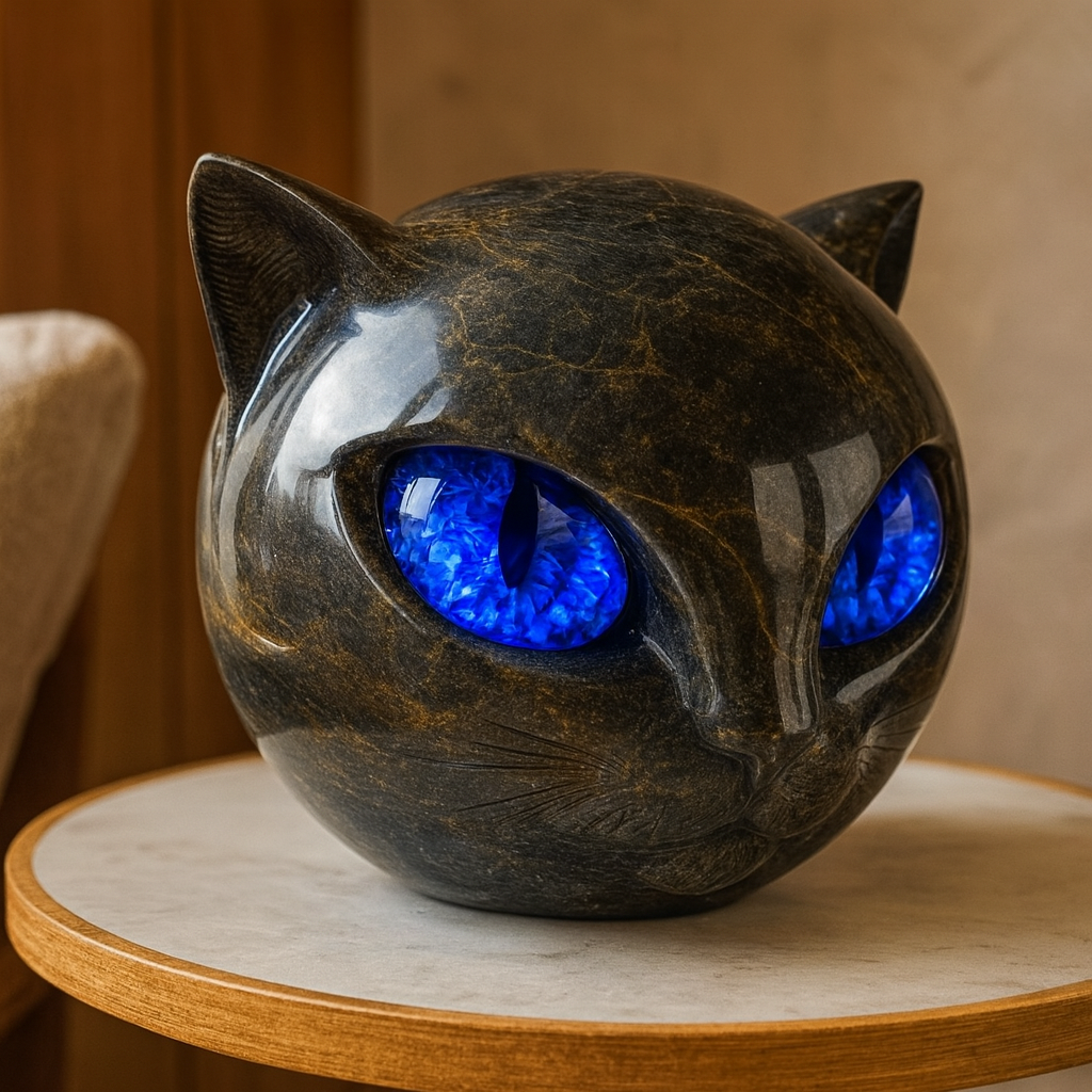 Cat Head Sculpture – marbled finish, coloured eyes, shelf decor