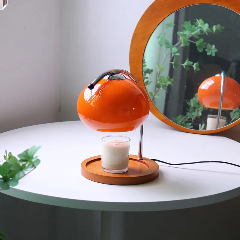 Candle Warmer Lamp – glass dome shade, chrome arm, wooden base