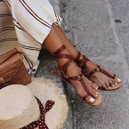 Womens Flat Sandals – toe loop, wrap ankle strap, ring and buckle detail