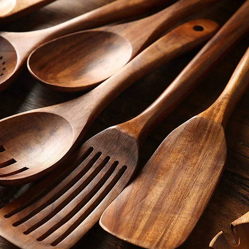 Teak Wooden Utensils – seven pieces, spoons, spatulas and pasta server