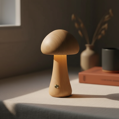 Wooden Mushroom Night Light – solid timber, touch dimmable, USB rechargeable
