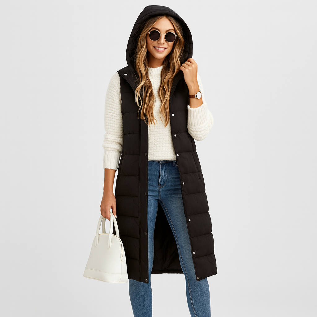 Women's Long Puffer Vest – hooded, quilted, button front