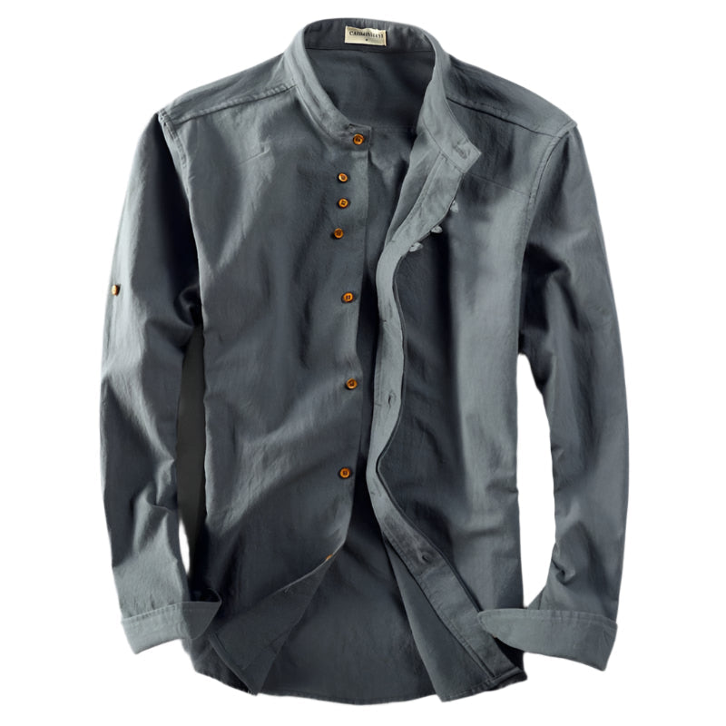 Band Collar Shirt – Japanese-inspired cut, long sleeves, relaxed fit