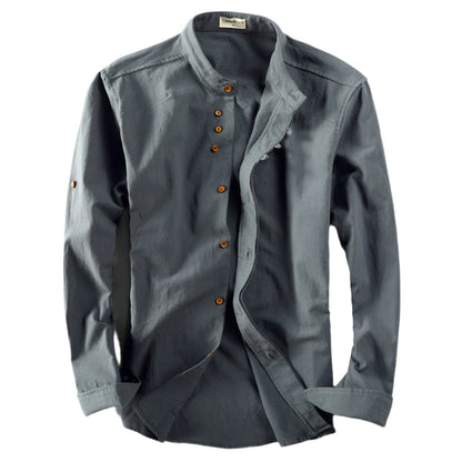 Band Collar Shirt – Japanese-inspired cut, long sleeves, relaxed fit