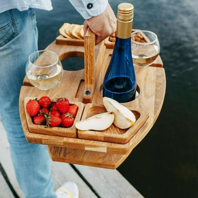 Folding Picnic Table – wine bottle and glass holders, four snack trays, carry handle