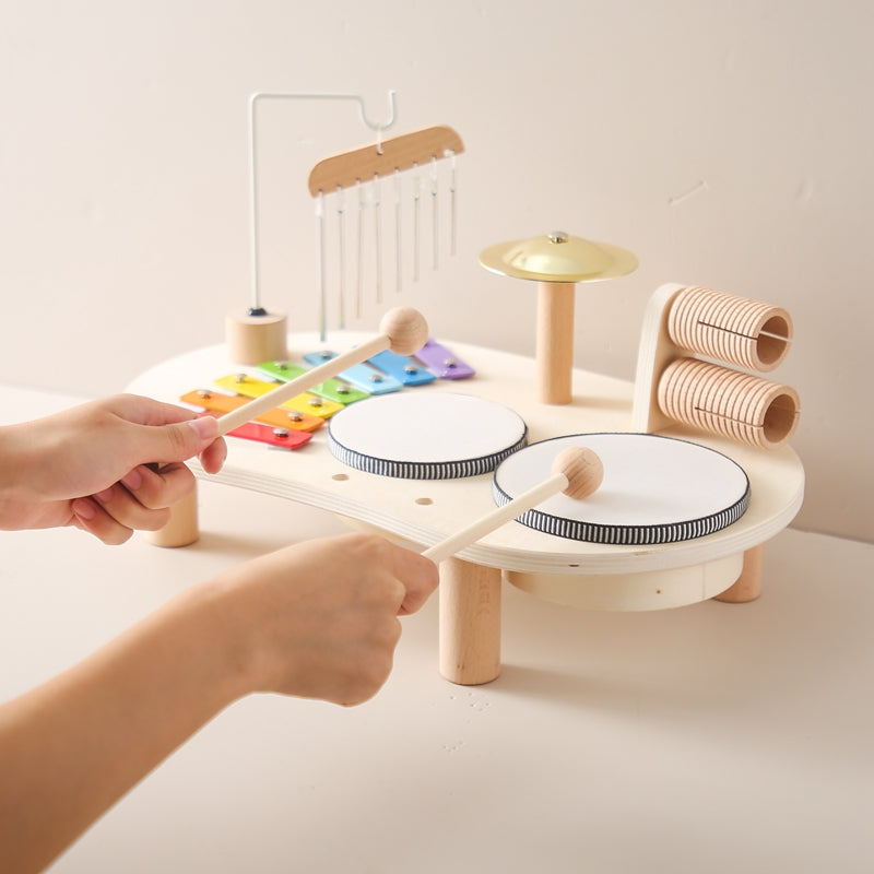 Wooden Music Table – two drums, xylophone, chimes and cymbal