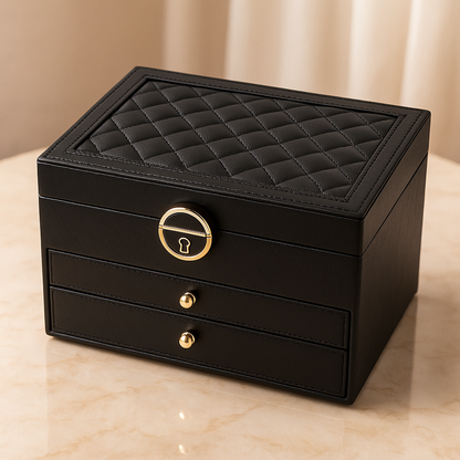 Jewellery Box – three tiers, pull-out drawers, lined compartments
