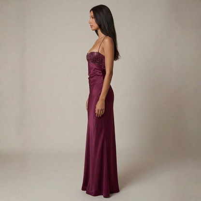 Satin Maxi Dress – spaghetti straps, lace-up open back, sequin bust