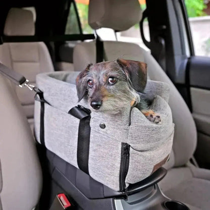 Dog Console Car Seat – for small dogs, safety clip, washable cover