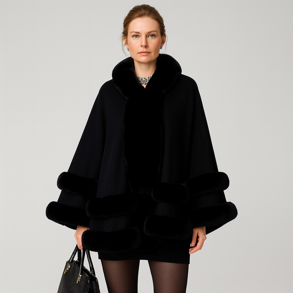 Faux Fur Trim Poncho – hooded cape coat, open front, one size