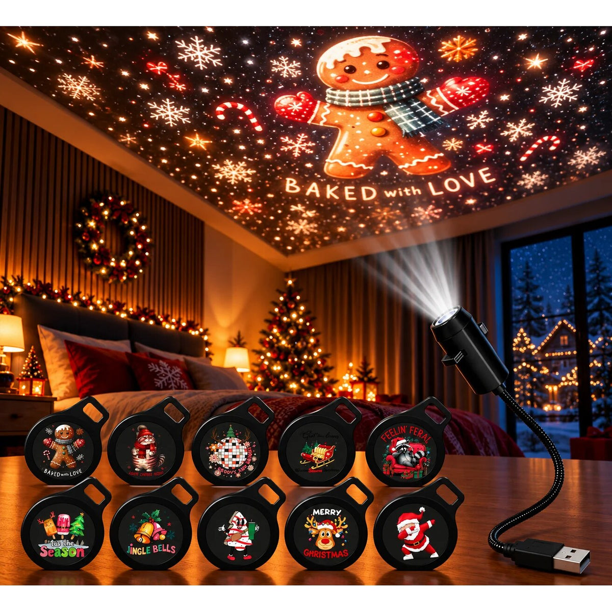 Christmas Projector Light – USB lamp with adjustable head and six design sets