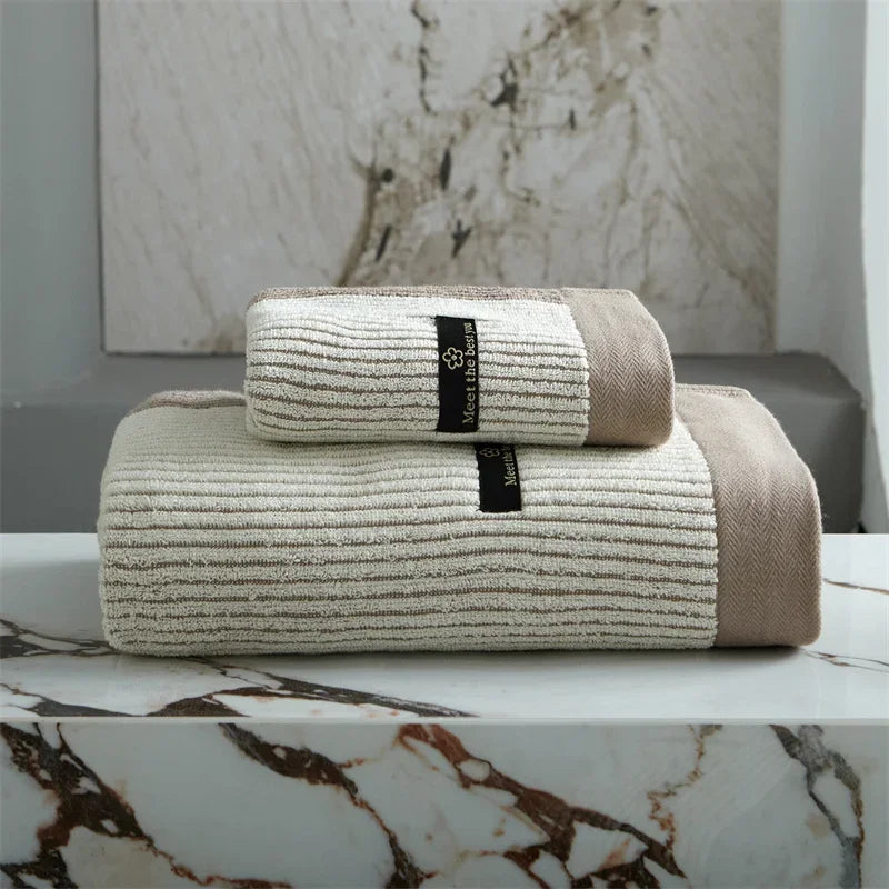 Striped Cotton Towel Set – bath towel and face towel, coloured border