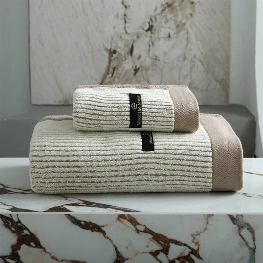 Striped Cotton Towel Set – bath towel and face towel, coloured border