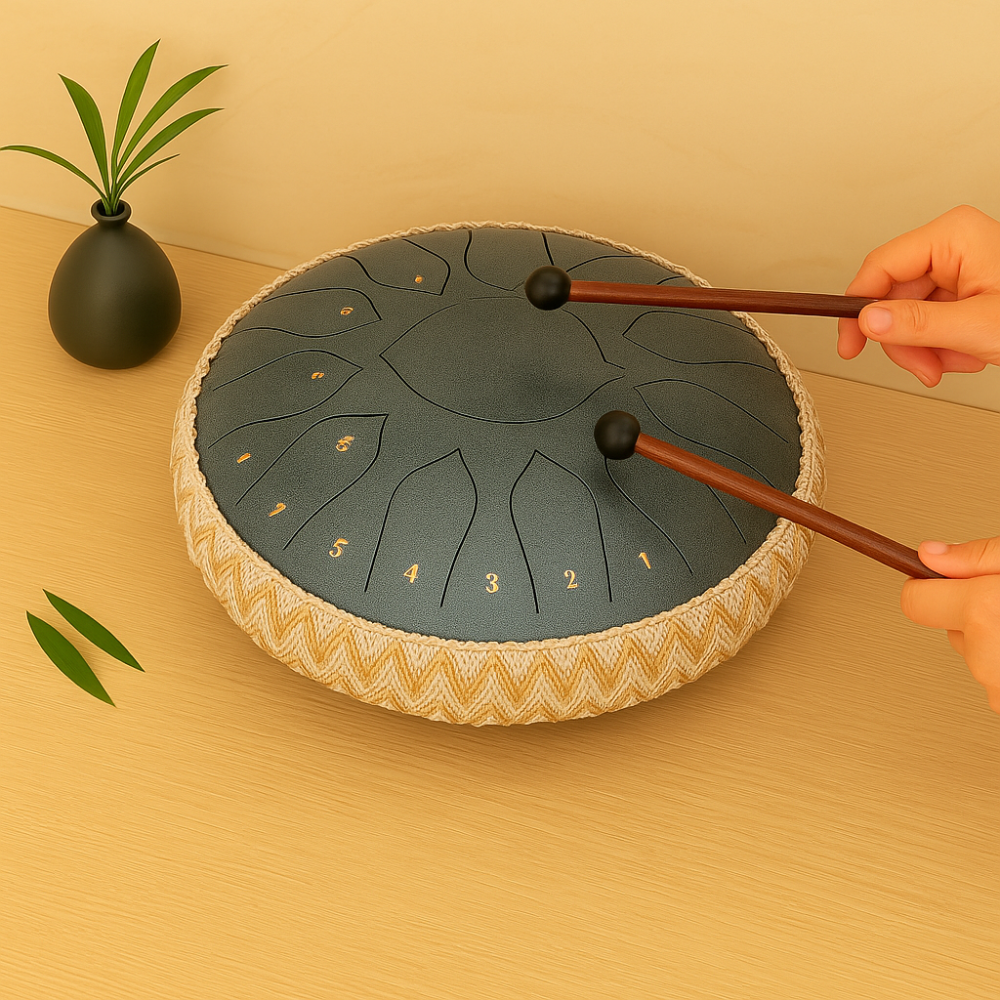 Steel Tongue Drum – tuned notes, compact steel body, five colours